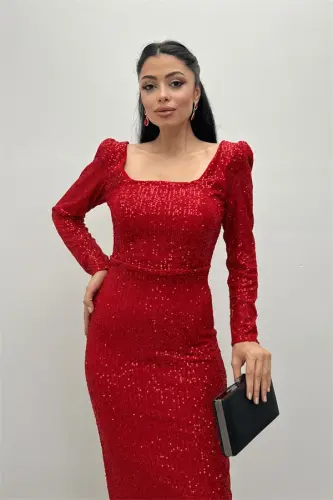 Payet Kumaş Kare Yaka Kalem Elbise - KIRMIZI - 4