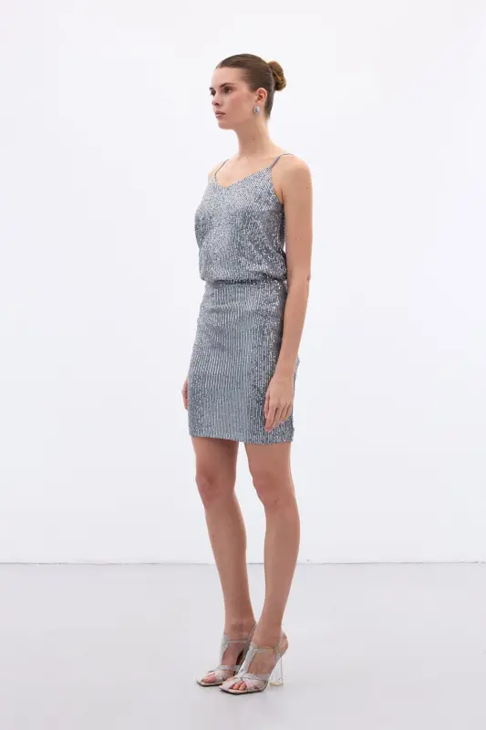 Payetli Mini Etek - Gri-Gri - 3