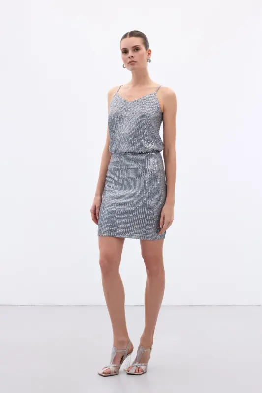 Payetli Mini Etek - Gri-Gri - SATEEN