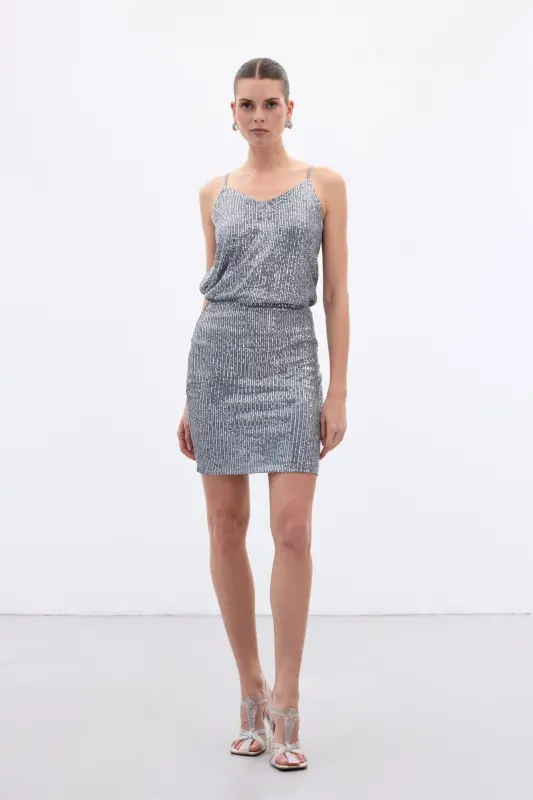 Payetli Mini Etek - Gri-Gri - 6