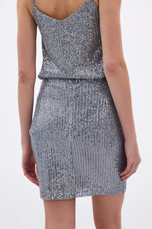 Payetli Mini Etek - Gri-Gri - 8