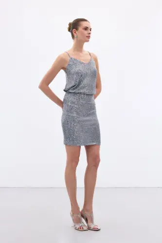 Payetli Mini Etek - Gri-Gri - 5