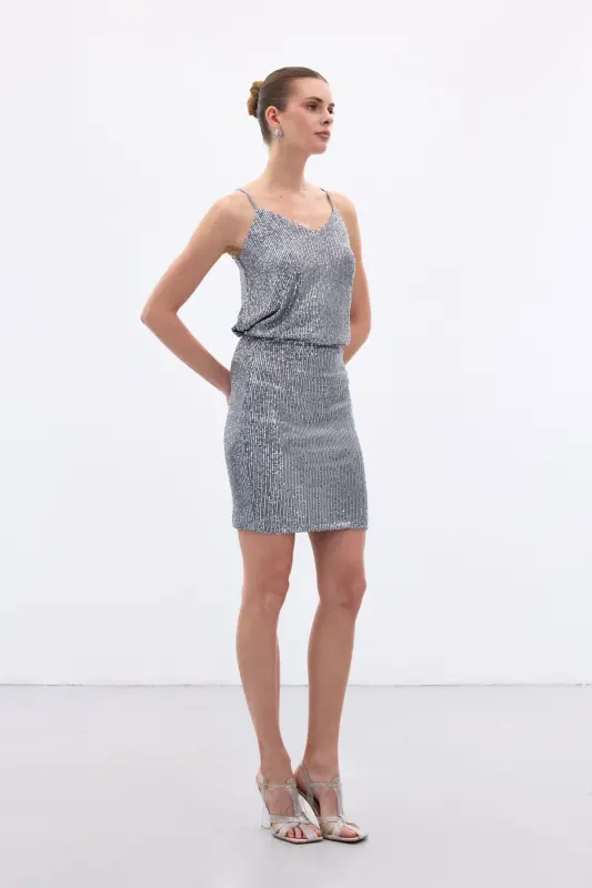 Payetli Mini Etek - Gri-Gri - 5