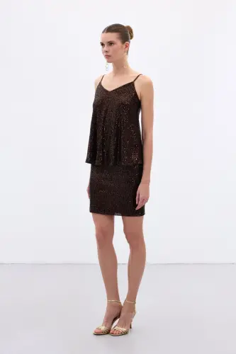 Payetli Mini Etek - Kahve-Kahve - 1