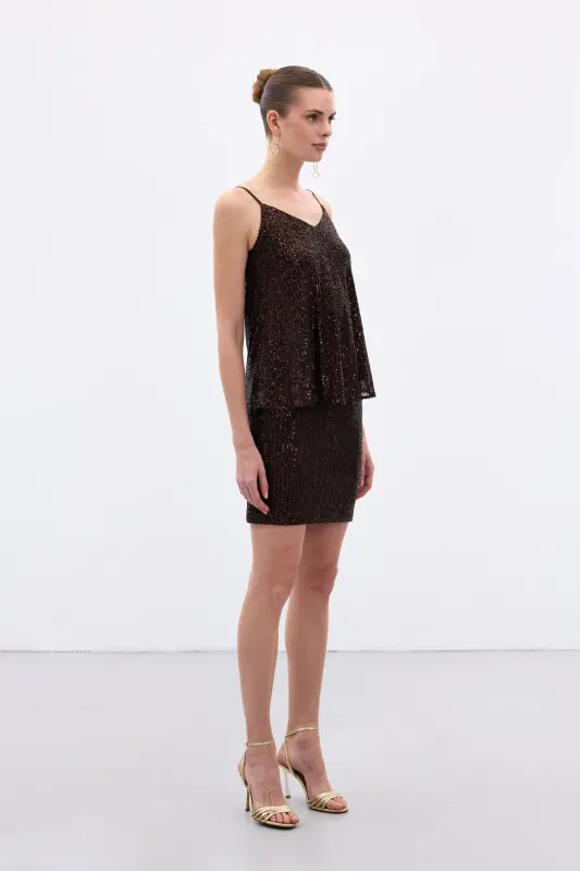 Payetli Mini Etek - Kahve-Kahve - 3