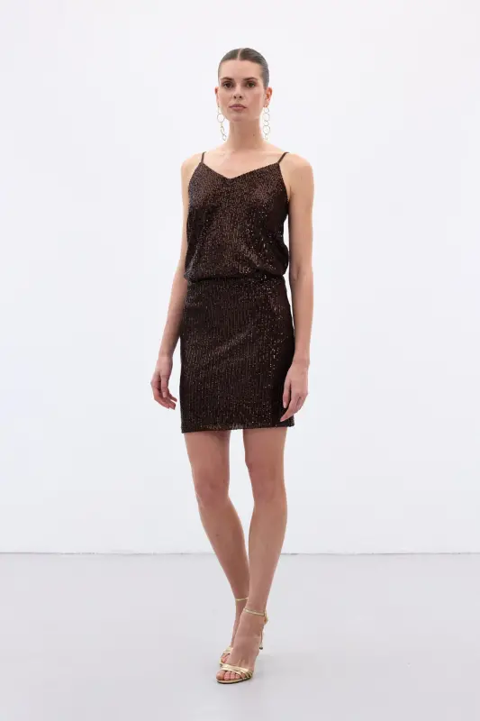 Payetli Mini Etek - Kahve-Kahve - 5