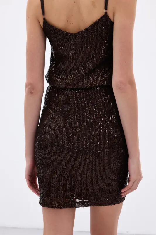 Payetli Mini Etek - Kahve-Kahve - 8