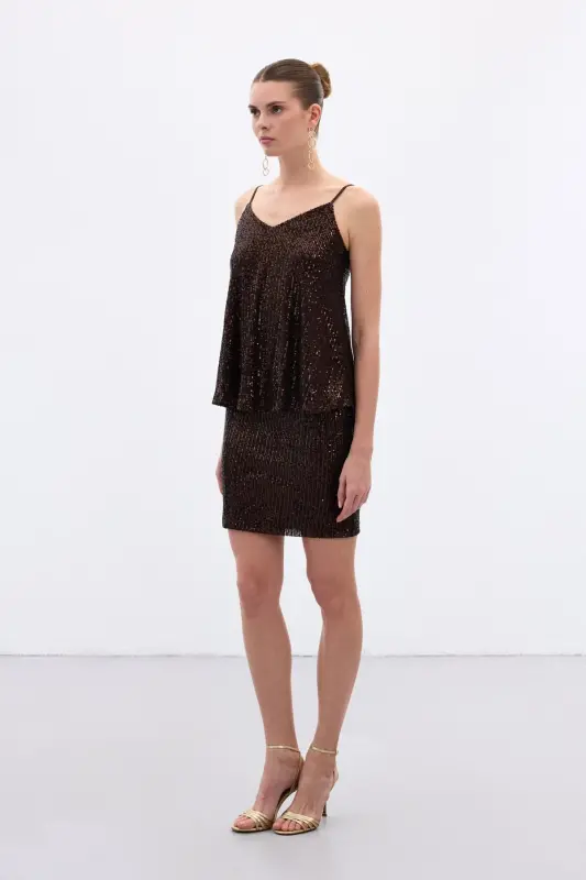 Payetli Mini Etek - Kahve-Kahve - SATEEN