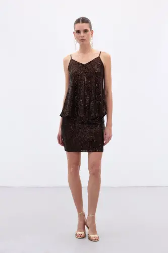 Payetli Mini Etek - Kahve-Kahve - SATEEN (1)