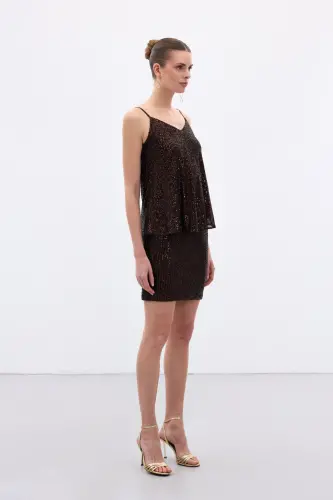 Payetli Mini Etek - Kahve-Kahve - 3