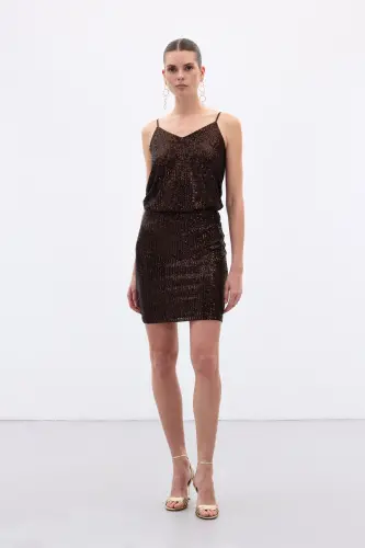 Payetli Mini Etek - Kahve-Kahve - 4