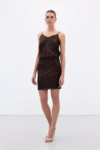 Payetli Mini Etek - Kahve-Kahve - 5