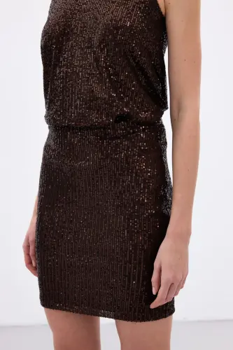 Payetli Mini Etek - Kahve-Kahve - 7