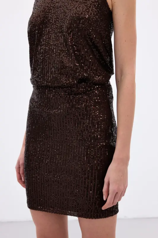 Payetli Mini Etek - Kahve-Kahve - 7