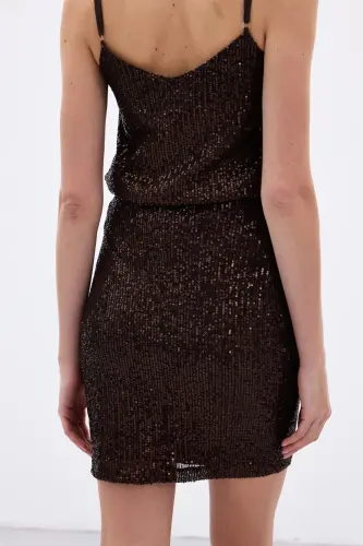 Payetli Mini Etek - Kahve-Kahve - 8