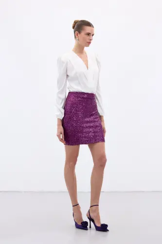 Payetli Mini Etek - Mürdüm-Mürdüm - SATEEN (1)