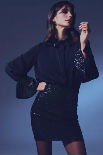 Payetli Mini Etek - SİYAH-SİYAH - 5