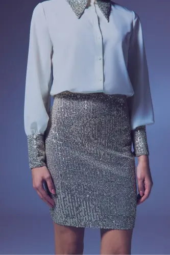 Payetli Mini Yubka - Bej-BEJ - 6