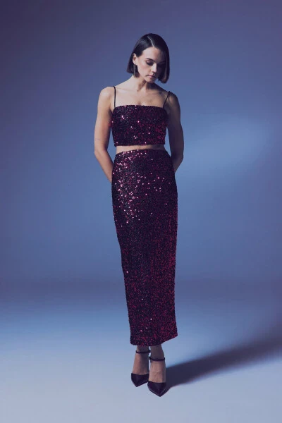 Payetli Qalam Yubka - BORDO - 4