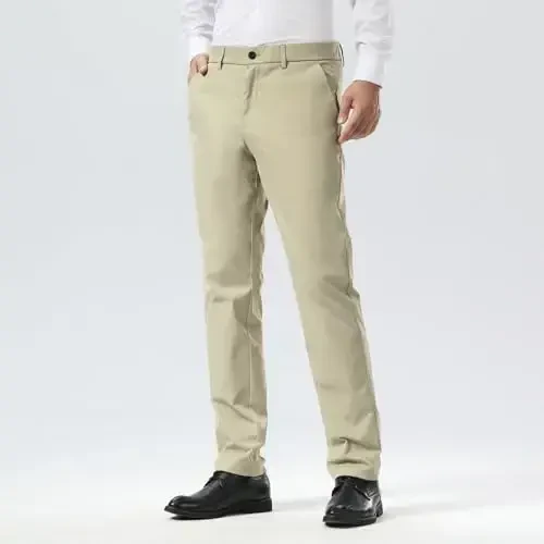 Plaid&Plain Men's Dress Pants Slim Fit Stretch Khaki Pants Wrinkle Free - 3