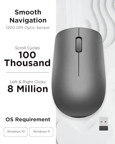 Lenovo 530 Full Size Wireless Computer Mouse for PC, Laptop, Computer with Windows - 2.4 GHz Nano USB Receiver - Ambidextrous Design - 12 Months Battery Life - Graphite Grey - 3