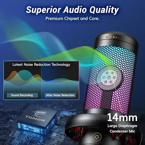 Gaming USB Microphone Set for PC, TONOR RGB Condenser Mic with Boom Arm Quick Mute, RGB Lighting, Pop Filter, Shock Mount, Gain Control for Streaming Podcasting Recording Discord Twitch YouTube TC310+ - 3