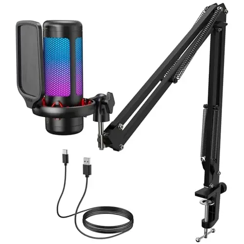 TONOR Gaming Microphone Set with Boom Arm, Vocal Condenser Microphone for PC with Stand, USB Mic with controllable RGB Light, One Tap Mute, Volume Control, for Discord, Twitch Streaming, TC310+ - 1