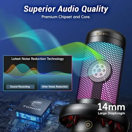 TONOR Gaming Microphone Set with Boom Arm, Vocal Condenser Microphone for PC with Stand, USB Mic with controllable RGB Light, One Tap Mute, Volume Control, for Discord, Twitch Streaming, TC310+ - 2