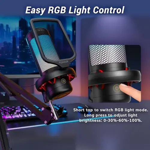 TONOR Gaming Microphone Set with Boom Arm, Vocal Condenser Microphone for PC with Stand, USB Mic with controllable RGB Light, One Tap Mute, Volume Control, for Discord, Twitch Streaming, TC310+ - 4