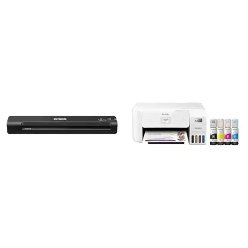 Epson Workforce ES-50 Portable Sheet-Fed Document Scanner for PC and Mac & EcoTank ET-2803 Wireless Color All-in-One Cartridge-Free Supertank Printer with Scan - 1