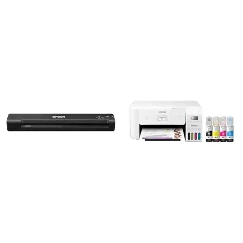 Epson Workforce ES-50 Portable Sheet-Fed Document Scanner for PC and Mac & EcoTank ET-2803 Wireless Color All-in-One Cartridge-Free Supertank Printer with Scan - 1