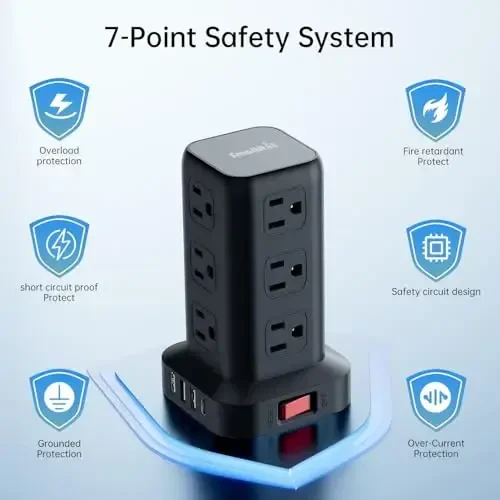 PD 20 Вт USB C сетевой фильтр, мини-удлинитель питания, дорожный удлинитель башни 12 AC 4 USB, удлинитель с портами USB 3 м, защита от перегрузки для дома и офиса - 3