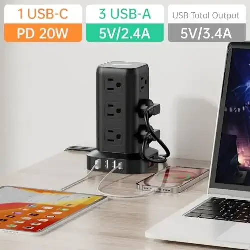 PD 20 Вт USB C сетевой фильтр, мини-удлинитель питания, дорожный удлинитель башни 12 AC 4 USB, удлинитель с портами USB 3 м, защита от перегрузки для дома и офиса - 5
