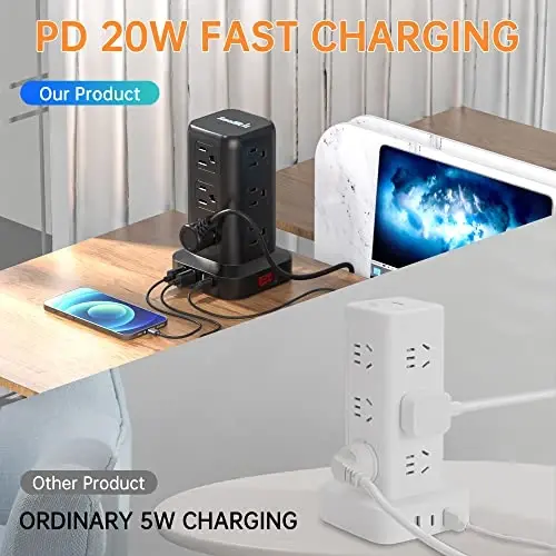 PD 20W USB C Surge Protector, Mini Power Strip Tower Travel 12 AC 4 USB Power Strip with USB Ports 6.5FT Overload Protection for Home Office - 2