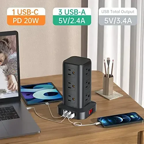 PD 20W USB C Surge Protector, Mini Power Strip Tower Travel 12 AC 4 USB Power Strip with USB Ports 6.5FT Overload Protection for Home Office - 3