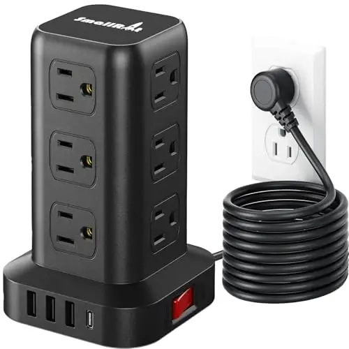 Extension Cord with Multiple Outlets, SMALLRT Surge Protector Tower, PD 20W USB C, Power Strip with USB Ports 12 AC Outlets, 10FT Outlet Extender for Home Dorm, Office Supplies, Overload Protection - SMALLRT