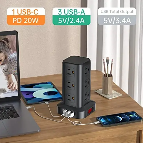 PD 20W USB C Surge Protector, Mini Power Strip Tower Travel 12 AC 4 USB Power Strip with USB Ports 6.5FT Overload Protection for Home Office - 3