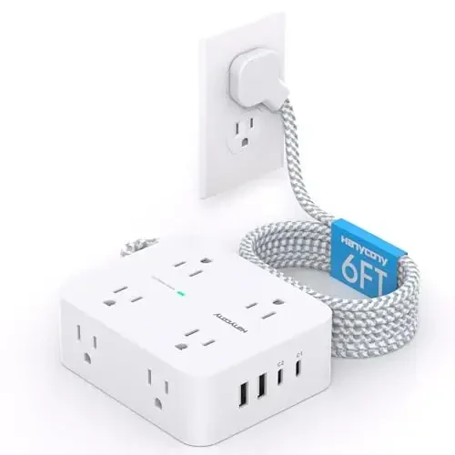 PD 30W USB C Power Strip Surge Protecor, HANYCONY 8 Outlets 4 USB(2 USB C Ports), 1080J Desk Charging Station for Multiple Devices, 6 Ft Flat Plug Extension Cord for College Dorm Room Essentials - HANYCONY
