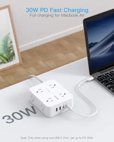 PD 30W USB C Power Strip Surge Protecor, HANYCONY 8 Outlets 4 USB(2 USB C Ports), 1080J Desk Charging Station for Multiple Devices, 6 Ft Flat Plug Extension Cord for College Dorm Room Essentials - HANYCONY