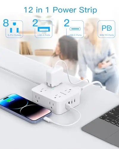 PD 30W USB C Power Strip Surge Protecor, HANYCONY 8 Outlets 4 USB(2 USB C Ports), 1080J Desk Charging Station for Multiple Devices, 6 Ft Flat Plug Extension Cord for College Dorm Room Essentials - 3
