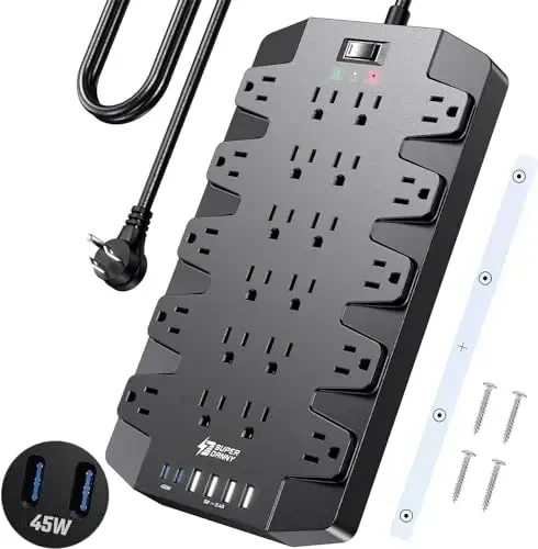 PD 45W Fast Charging Power Strip Surge Protector with 22 Outlet + 6 USB Port, SUPERDANNY 1875W/15A, 2100J, 6.5ft 45° Plug Mountable Extension Cord for Home,Office,Dorm,Gaming,PC,Streaming - 1