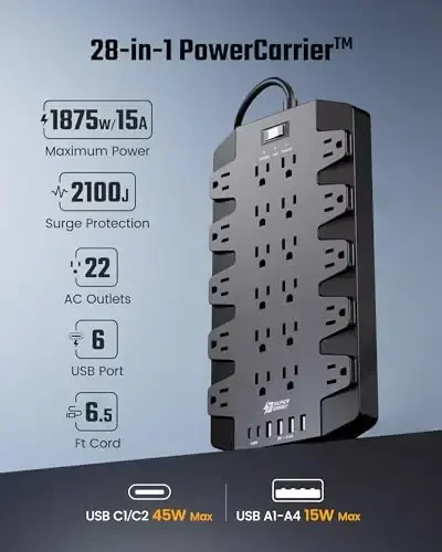 PD 45W tezkor quvvatlash manbai 22 rozetkali va 6 USB portli kuchlanishdan himoya, SUPERDANNY 1875W/15A, 2100J, 6.5ft 45° vilkali o'rnatiladigan uzatma kabeli uy, ofis, yotoqxona, o'yin, PC, striming uchun - 3