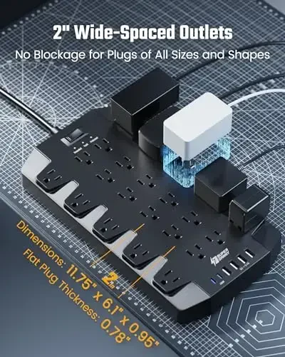 PD 45W tezkor quvvatlash manbai 22 rozetkali va 6 USB portli kuchlanishdan himoya, SUPERDANNY 1875W/15A, 2100J, 6.5ft 45° vilkali o'rnatiladigan uzatma kabeli uy, ofis, yotoqxona, o'yin, PC, striming uchun - 4