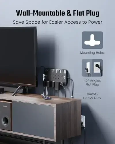 PD 45W tezkor quvvatlash manbai 22 rozetkali va 6 USB portli kuchlanishdan himoya, SUPERDANNY 1875W/15A, 2100J, 6.5ft 45° vilkali o'rnatiladigan uzatma kabeli uy, ofis, yotoqxona, o'yin, PC, striming uchun - 6