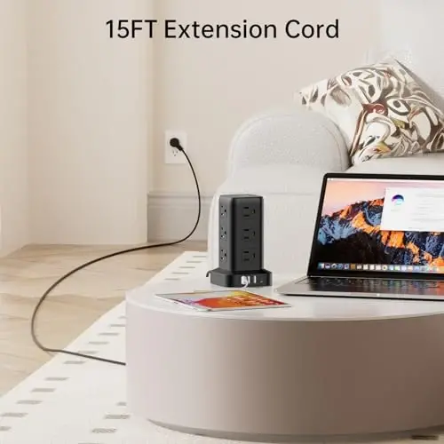 Extension Cord with Multiple Outlets, SMALLRT Surge Protector Power Strip Tower with USB Ports 12 AC Outlets, PD 20W USB C, 15FT Outlet Extender for Home Dorm, Office Supplies, Overload Protection - 3