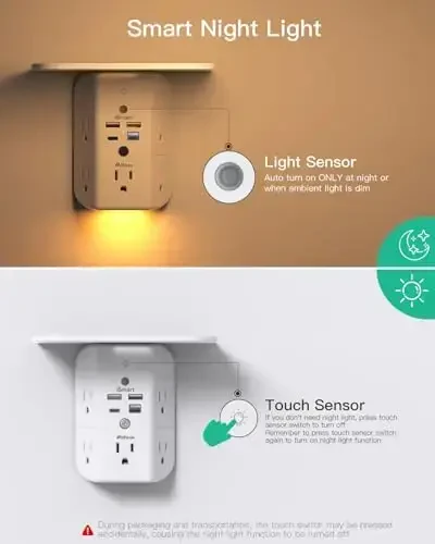 PD20W devor rozetka kengaytirgichi, tok bo'luvchi javon va tungi chiroq bilan, 5 ta AC rozetkali va 2 ta USB A portli 2 ta USB C portli keng joyli 3 tomonli tokcha - 3