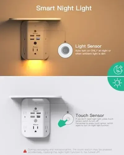 PD20W devor rozetkasini kengaytirgich, tok ajratgich tokchasi va tungi chiroq, 5 ta AC rozetkasi va 3 ta USB A porti 1 USB C porti keng joyli 3 tomonlama tok uzatish moslamasi ko'p vilkali rozetkalar - 3