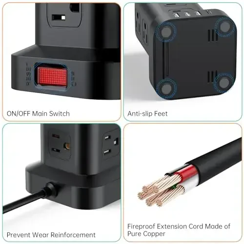 PD20W kuchlanishdan himoyalovchi tarmoqli filtr, 15FT uzaytirish simi ko'p rozetkali, 12 AC 4 USB (1 USB C), USB portli mini tarmoqli filtr, ofis uchun kuchlanishdan himoyalovchi minora ortiqcha yukdan himoya - 6