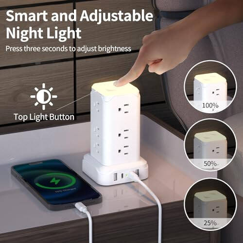 PD20W USB C Power Strip Tower with Night Light, 6 Feet Surge Protector Power Strip with 4 USB Ports, Extension Cord with Multiple Outlets Passus Thin Flat Plug for Home Office Dorm Room, White - 2