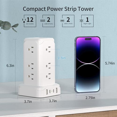 PD20W USB C Power Strip Tower with Night Light, 6 Feet Surge Protector Power Strip with 4 USB Ports, Extension Cord with Multiple Outlets Passus Thin Flat Plug for Home Office Dorm Room, White - 5